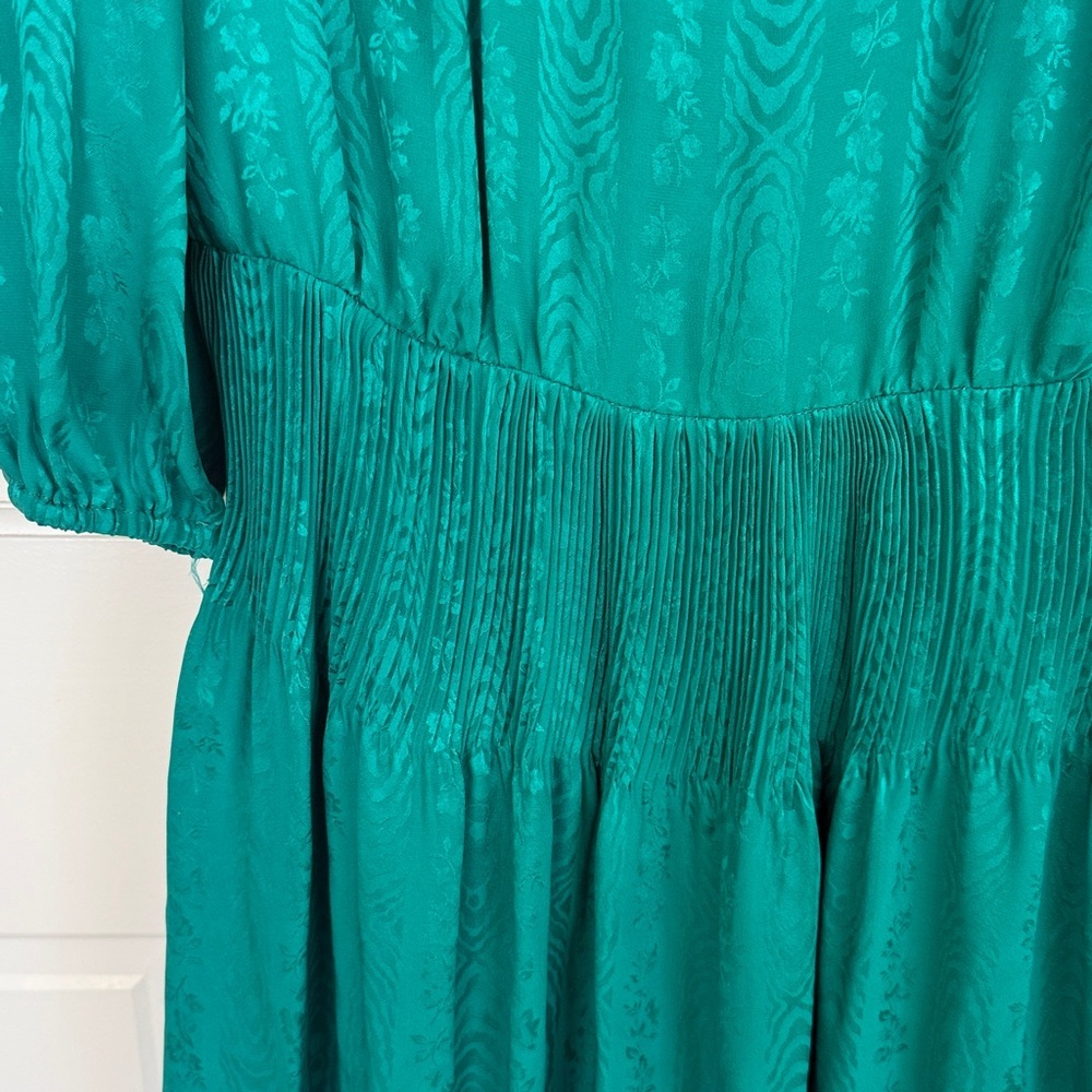 Vintage USA Garment Union Tag Pure Silk Teal Puff Sleeve Pleat Midi Dress Floral - Picture 6 of 13